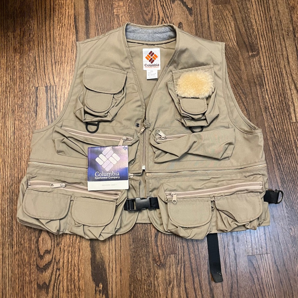 Vintage Columbia Bighorn‎ Vest Mens Large Khaki Fishing Hiking Utility Pockets